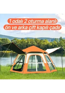 Tam Otomatik Su ve Rüzgar Geçirmez Gölgelikli Altıgen Çadır Aile Çadırı 280*240*155 cm